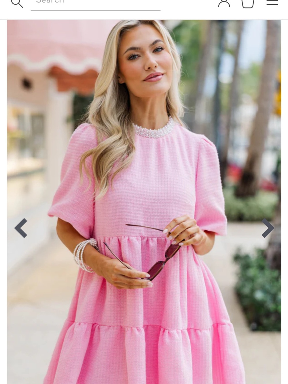 Pink Tiered Midi Dress with Pearl-Trim Neckline